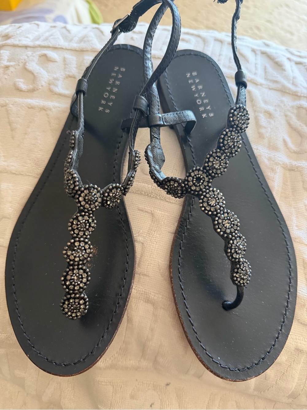 Barneys New York Black Jeweled T-Strap Sandals with crystals size 39